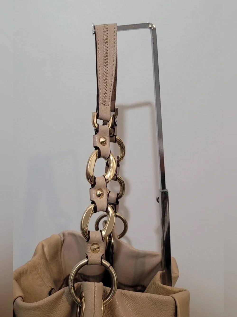 Vince Camuto Leather Hobo Shoulder Bag Taupe Tan Chain Accent Boho